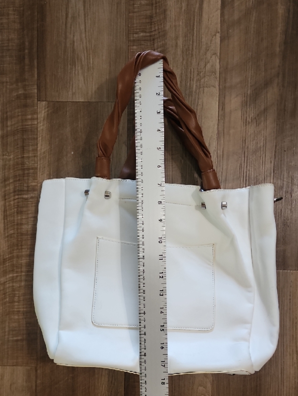 Sondra Roberts White Tote Bag Brown Braided Handles Large Minimalist Shoulder - Picture 10 of 11